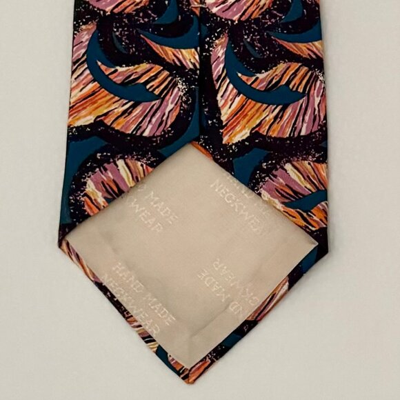 VINTAGE SILK NECKTIE TOM JAMES TALL MAN CONTEMPORARY SWIRLS TEAL BLACK USA MINT! - Picture 5 of 7